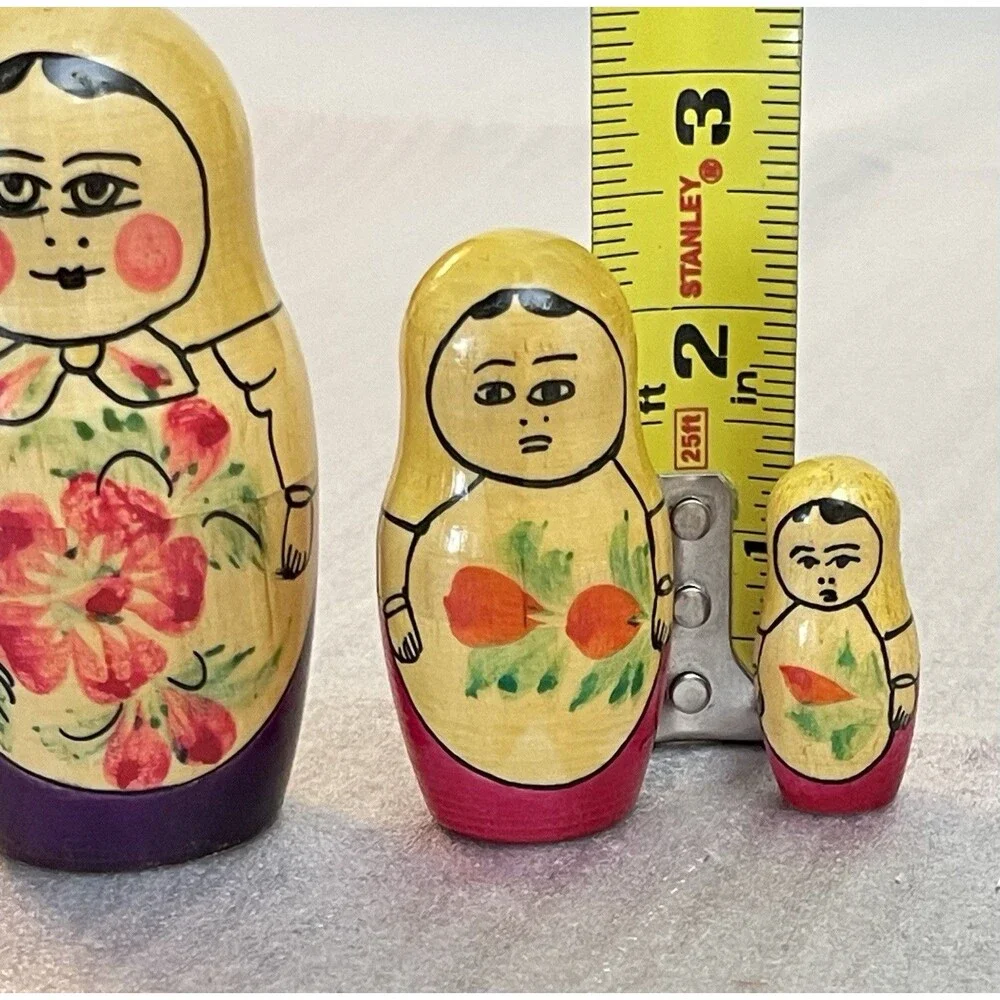 Vintage USSR Russian Matryoshka Nesting Dolls Set of 3 Hand Painted Wood